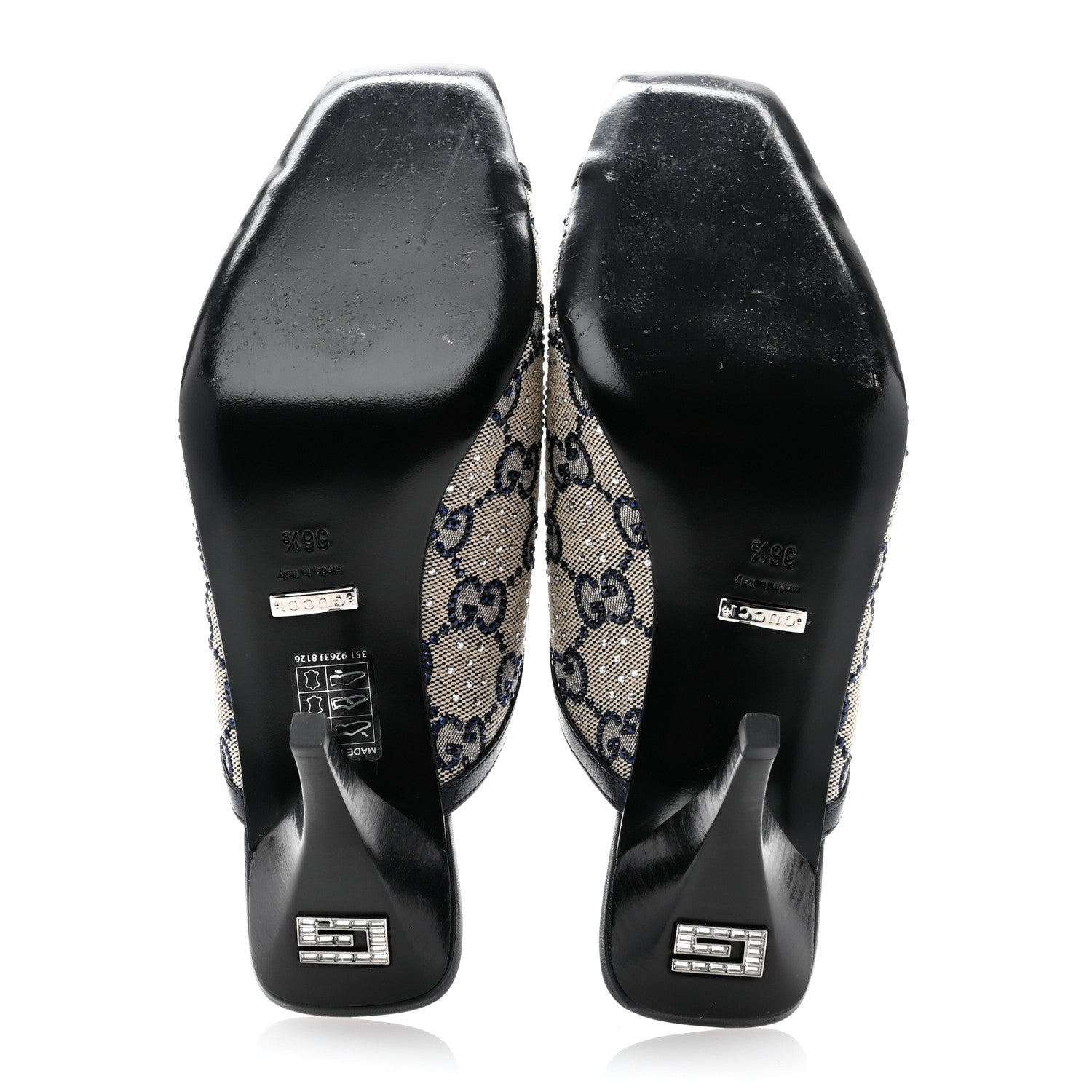 Gucci New Canvas Malaga Kid Crystal GG Monogram Square G 95mm Slide Sandals 36.5 Beige Blue 5 of 9
