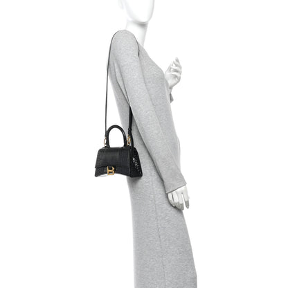 Balenciaga Shiny Calfskin Crocodile Embossed Hourglass Top Handle Bag XS Black 2 of 11