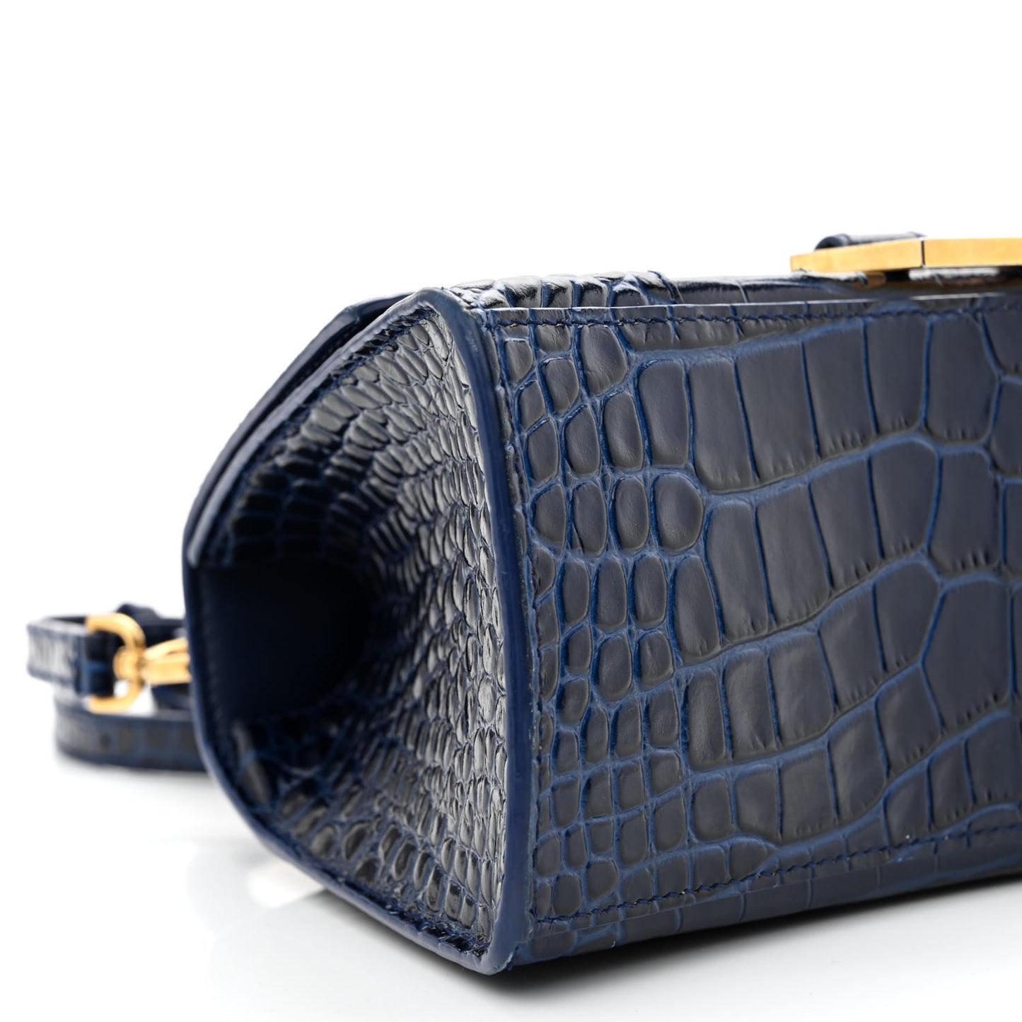 Shiny Calfskin Crocodile Embossed Small Hourglass Top Handle Bag Navy