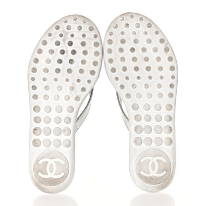 Chanel Iridescent Patent Calfskin Camellia Thong Sandals 37 Silver 5 of 8