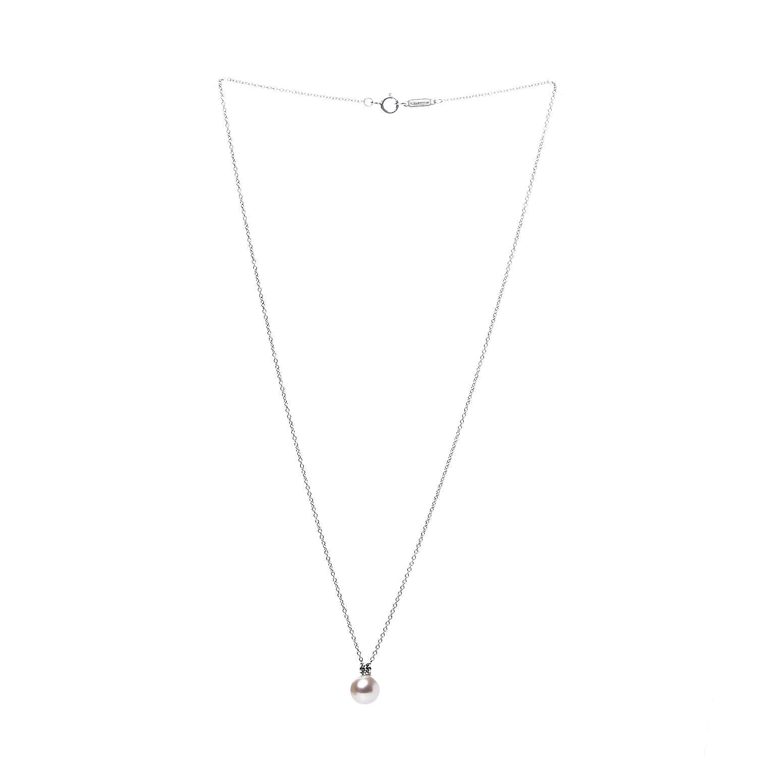 Tiffany 18K White Gold Diamond Akoya Pearl 7.5-8mm Signature Pendant Necklace 3 of 8