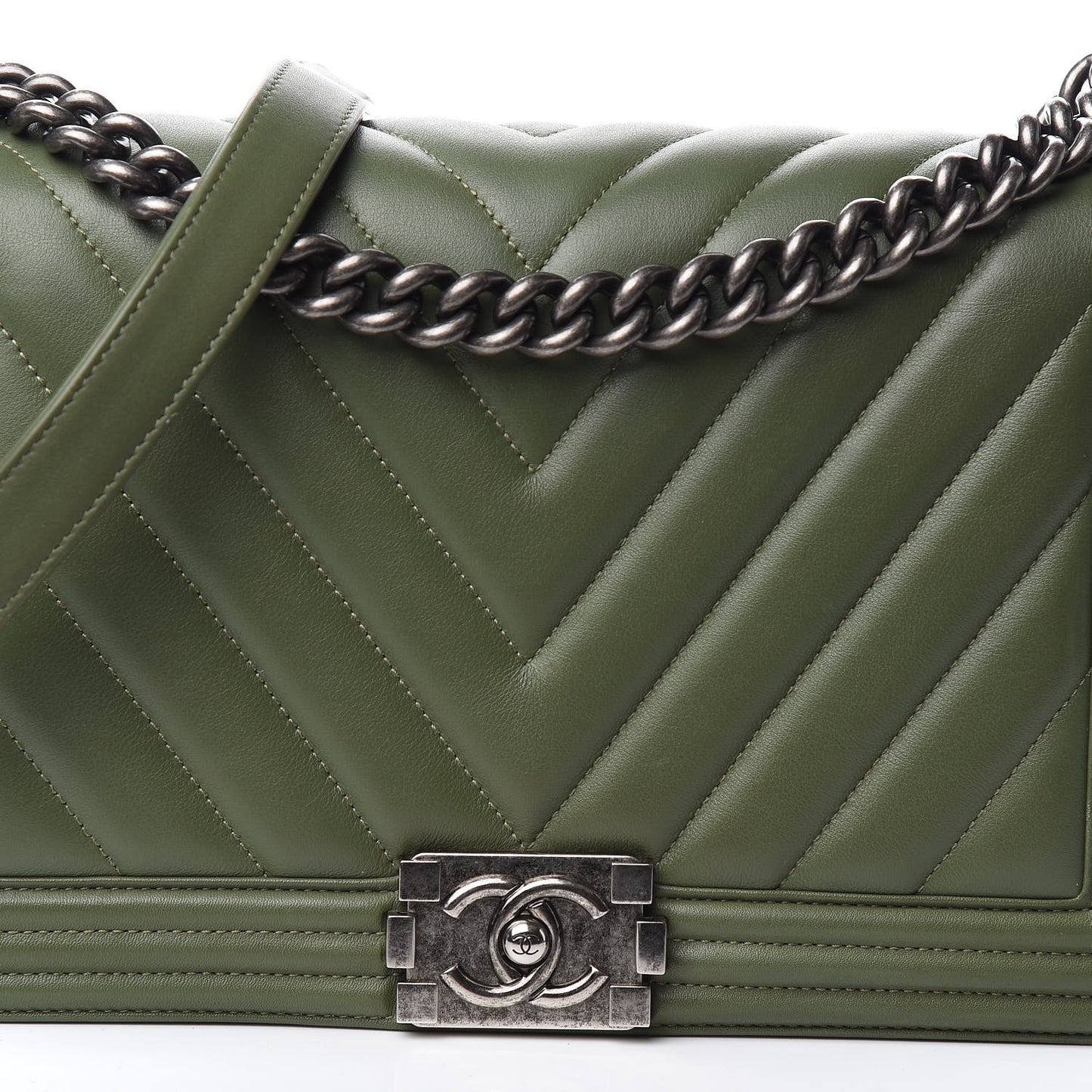 Calfskin Chevron Quilted New Medium Boy Flap Dark Green