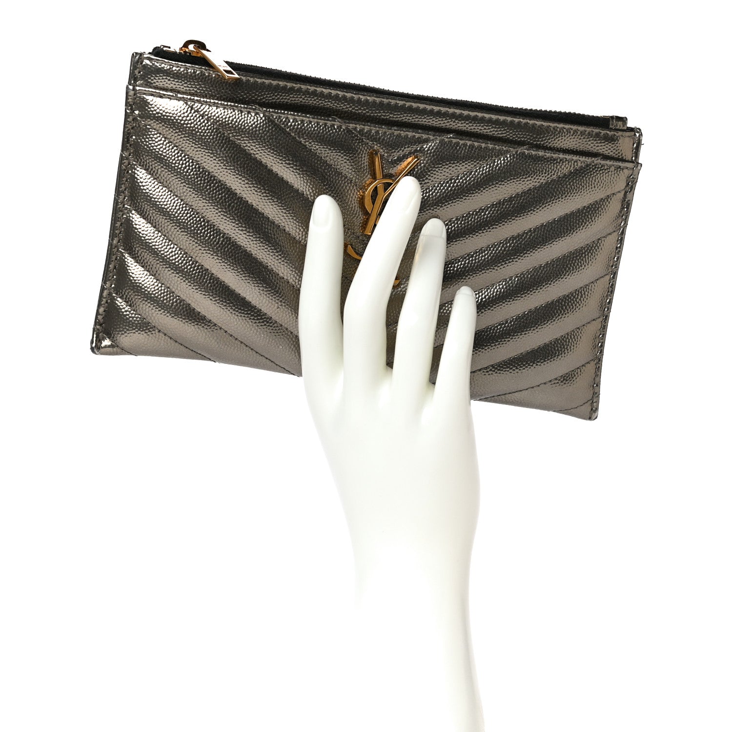 Saint Laurent Metallic Grain De Poudre Matelasse Chevron Monogram Bill Pouch Piombo 2 of 17