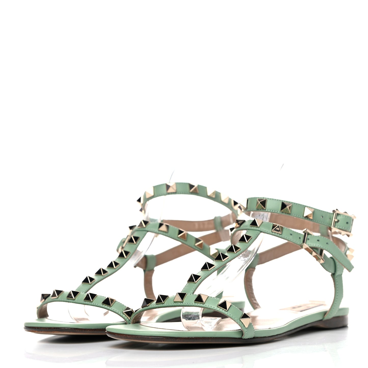 Calfskin Rockstud Ankle T-Strap Flat Sandals 39.5 Powder Green
