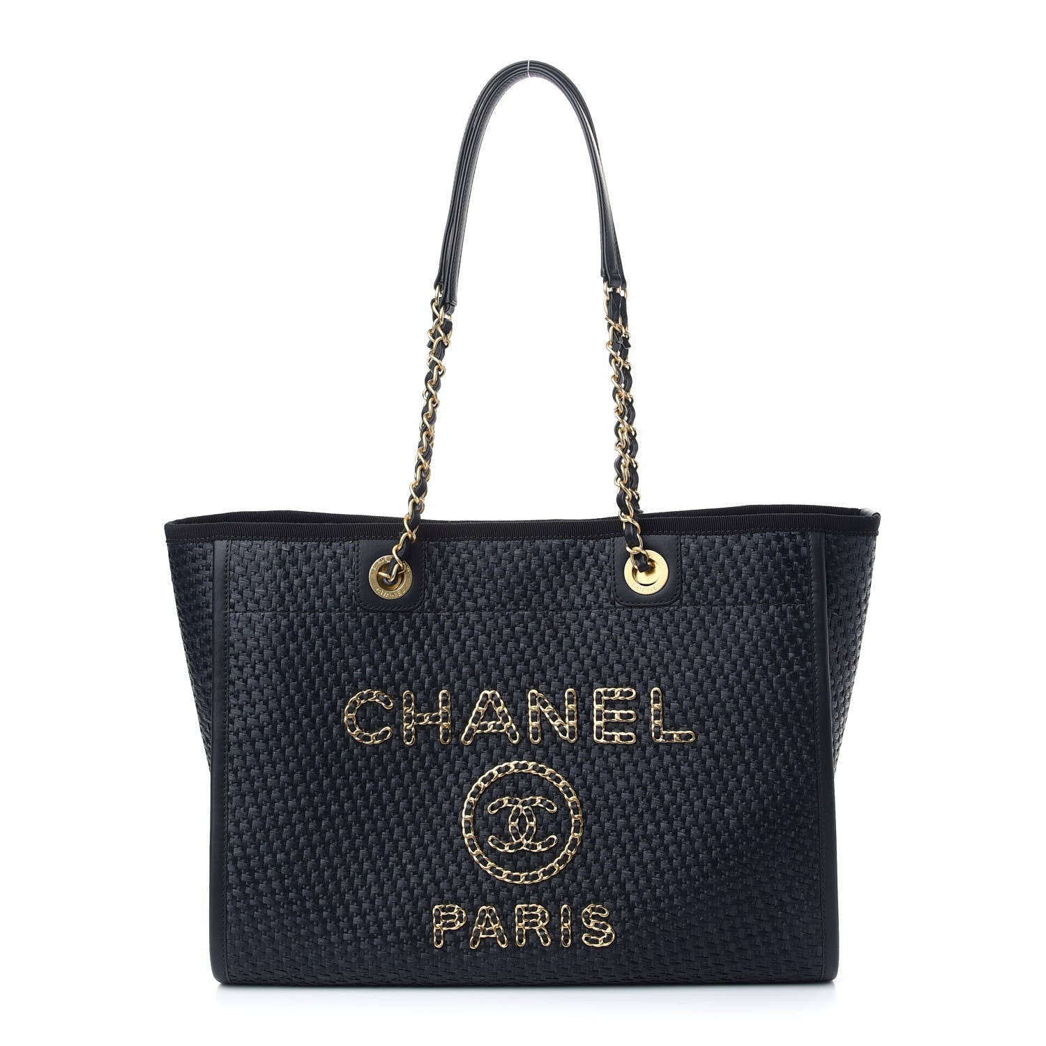 Chanel Straw Raffia Calfskin Chain Small Deauville Tote Navy 1 of 9