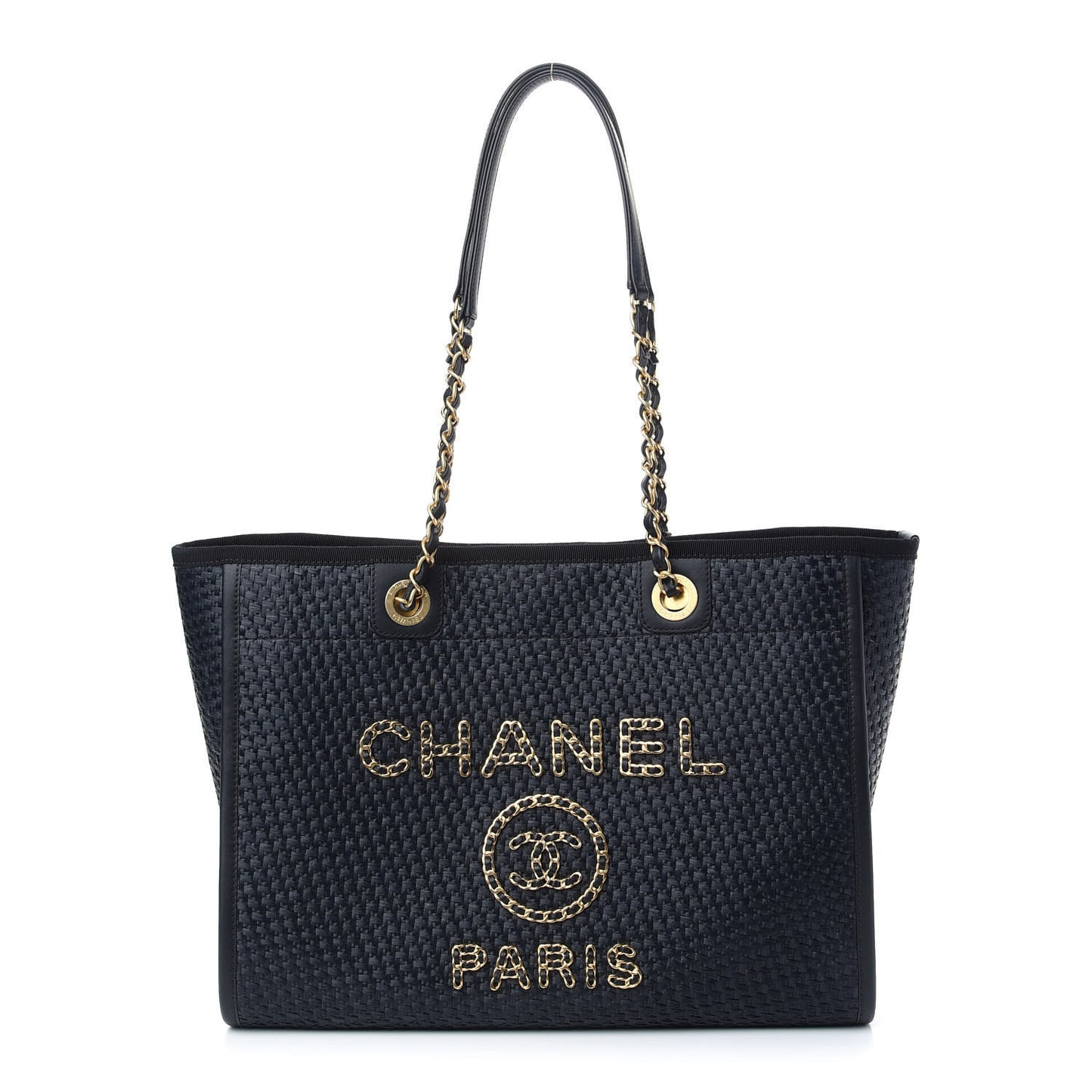 Straw Raffia Calfskin Chain Small Deauville Tote Navy