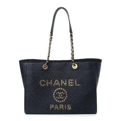 Chanel Straw Raffia Calfskin Chain Small Deauville Tote Navy 1 of 9
