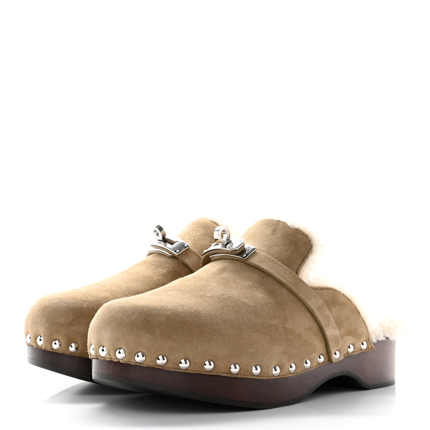 Hermes Suede Goatskin Woolskin Carlotta Mules 37 Beige Gobi 3 of 14