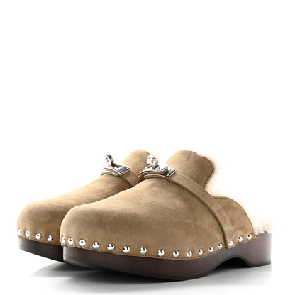 Hermes Suede Goatskin Woolskin Carlotta Mules 37 Beige Gobi 3 of 14