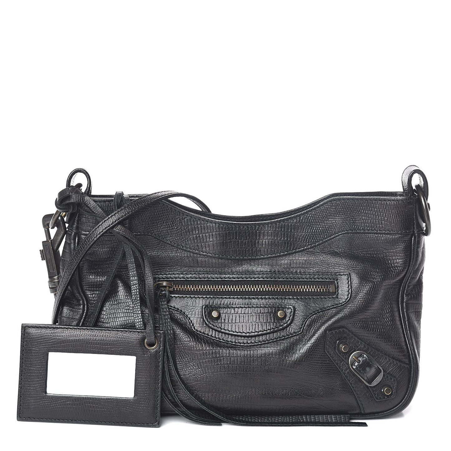 Agneau Classic Hardware Lizard Embossed Hip Black