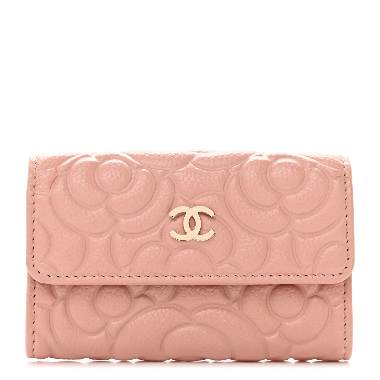 Caviar Camellia Embossed Card Holder Wallet Pink