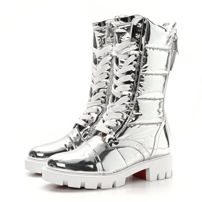 Christian Louboutin Metallic Calfskin Quilted Pavleta Lug Boots 37.5 Silver 4 of 7