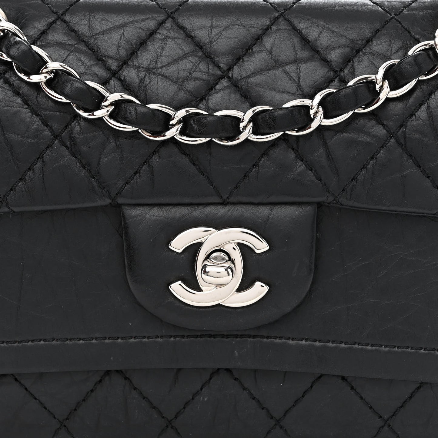 Aged Calfskin Quilted Mini Rectangular Double Flap Black
