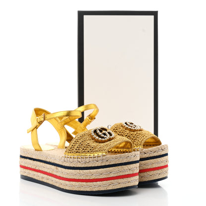 Gucci Cotton Malaga Kid Crochet Pearly GG Lilibeth Espadrille Platform Sandals 37.5 Gold 10 of 10
