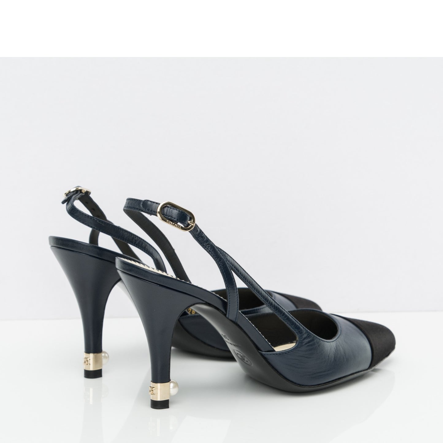Lambskin Satin Cap Toe CC Slingback Heels 38 Navy Black