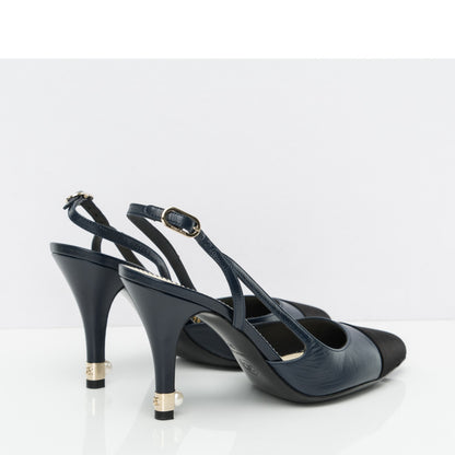 Chanel Lambskin Satin Cap Toe CC Slingback Heels 38 Navy Black 4 of 7
