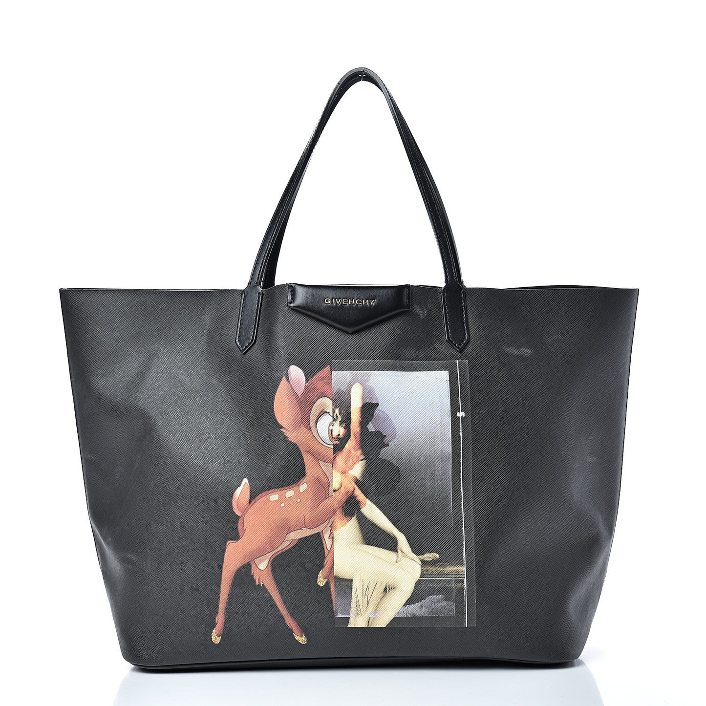 Textured Coated Canvas Bambi Print Large Antigona Tote Black
