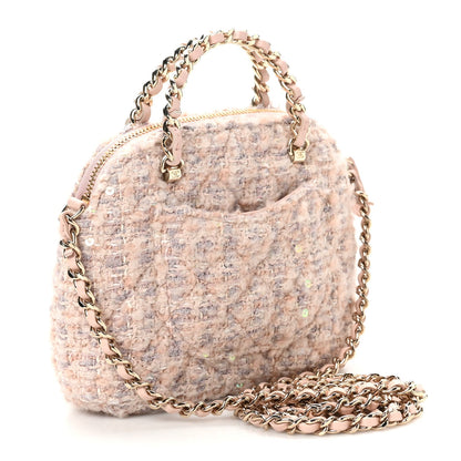 Chanel Cotton Wool Tweed Sequin Quilted Shiny Coco Clutch With Chain Light Pink Beige Ecru 3 of 11