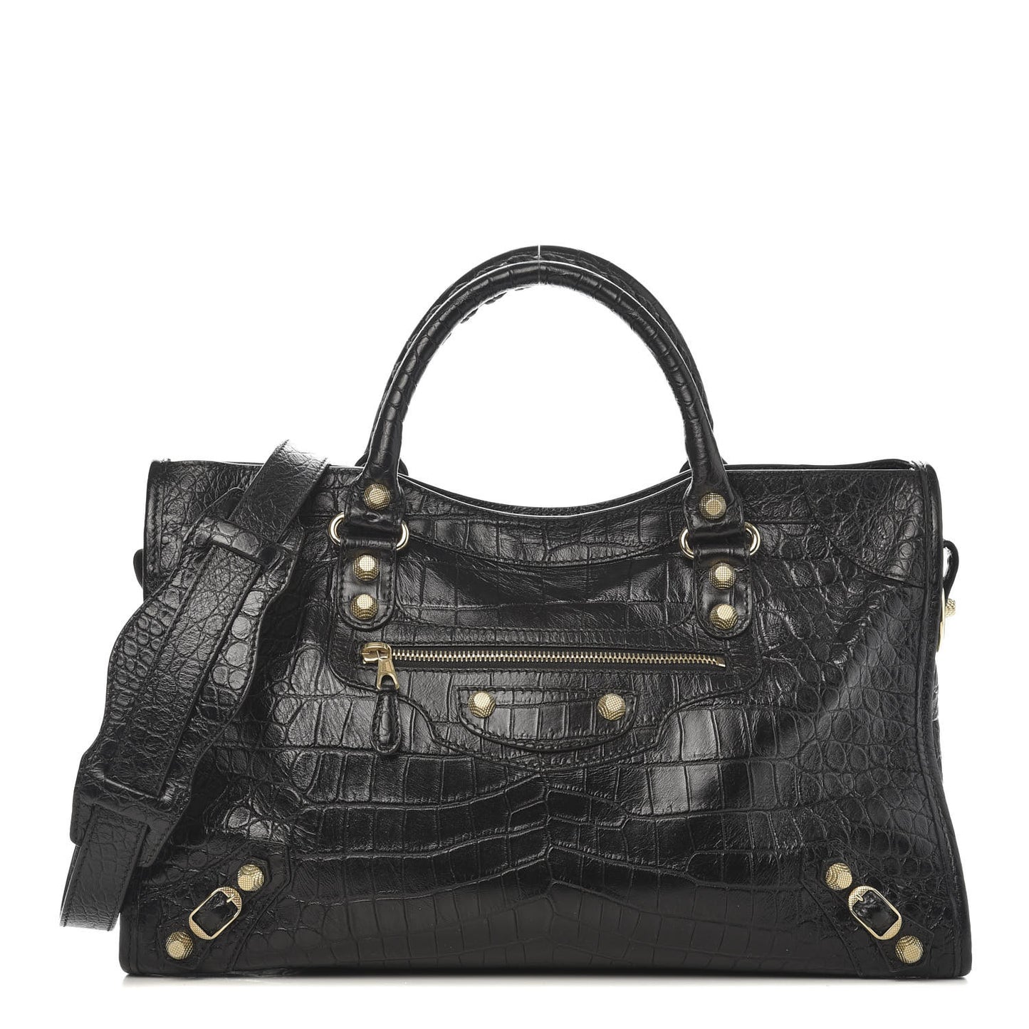 Calfskin Crocodile Embossed Giant 12 Gold Hardware City Black
