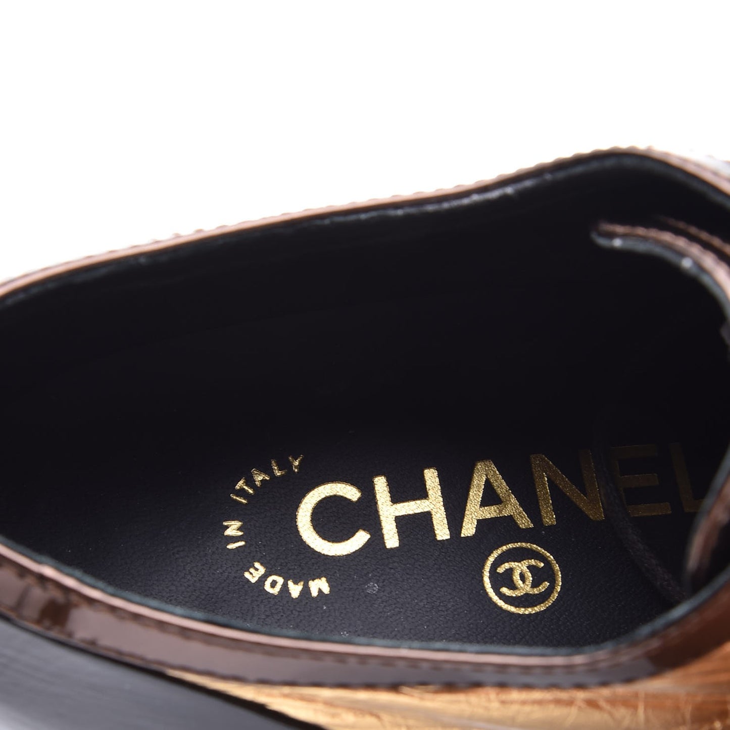 Crumpled Lambskin Patent CC Lace Up Oxfords 38 White Gold Black