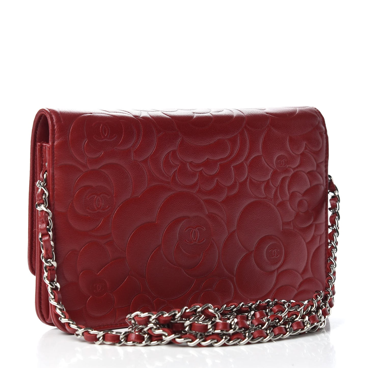 Lambskin Camellia Embossed Wallet On Chain WOC Red