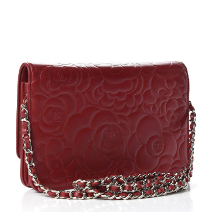 Chanel Lambskin Camellia Embossed Wallet On Chain WOC Red 3 of 9