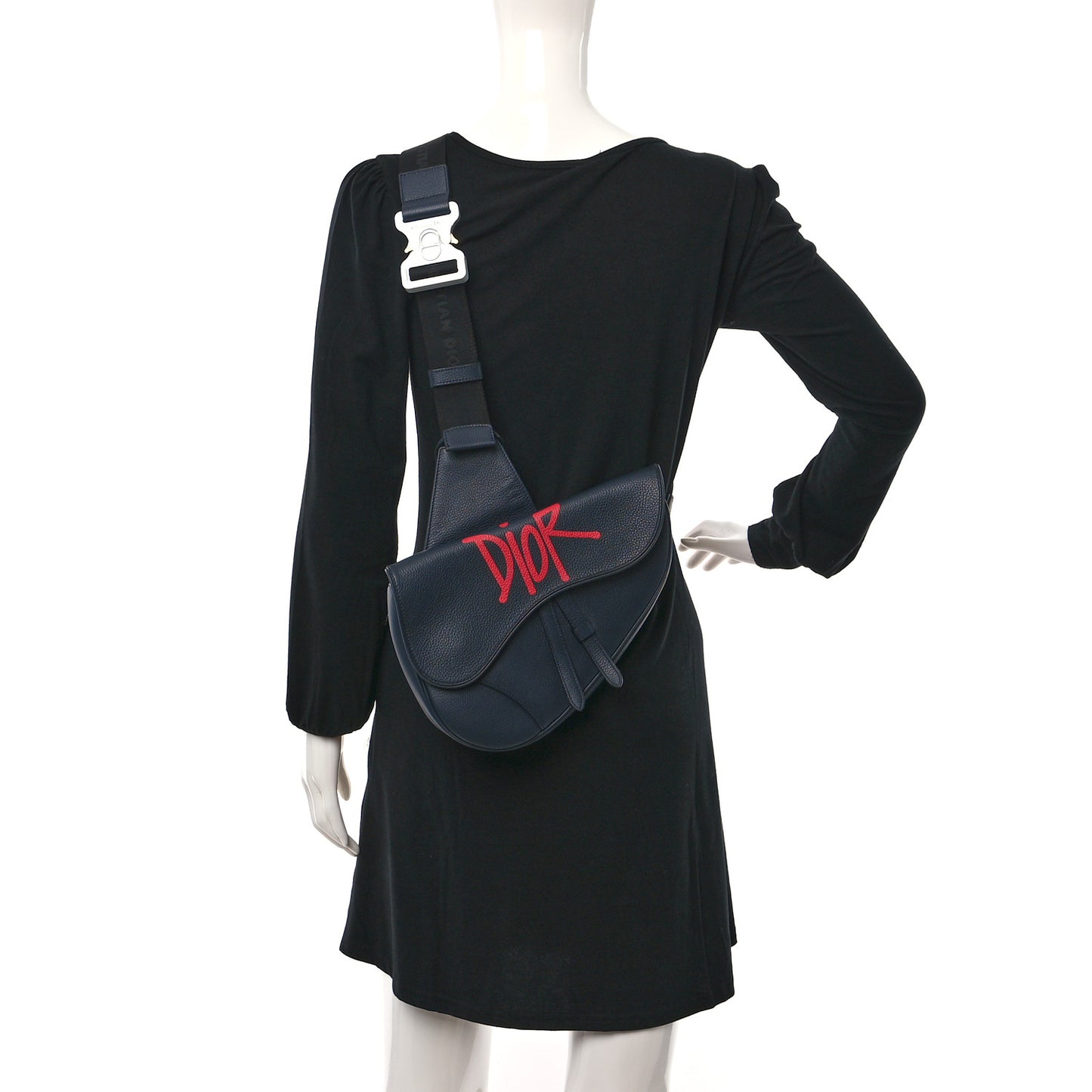 X SHAWN STUSSY Grained Calfskin Ox Head Saddle Bag Navy Blue