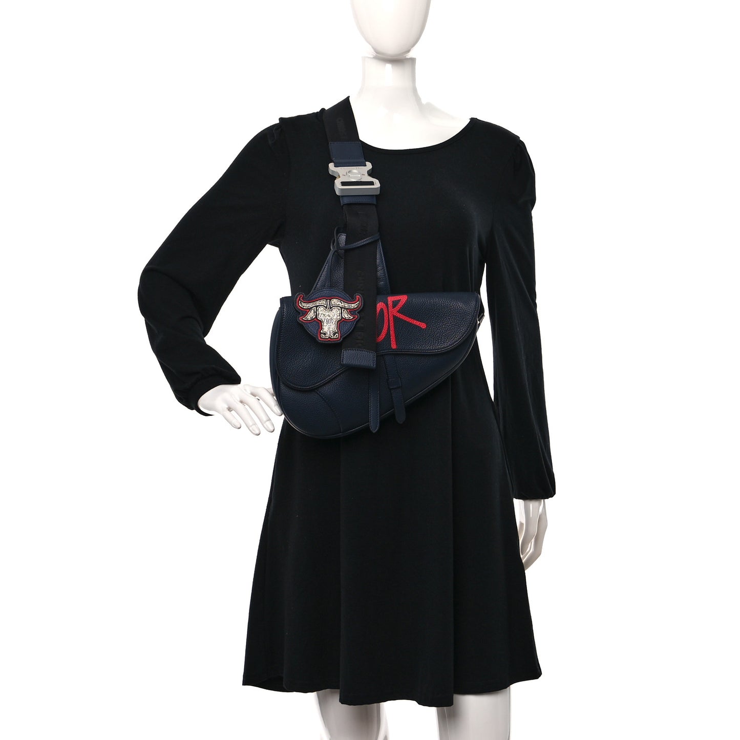 X SHAWN STUSSY Grained Calfskin Ox Head Saddle Bag Navy Blue