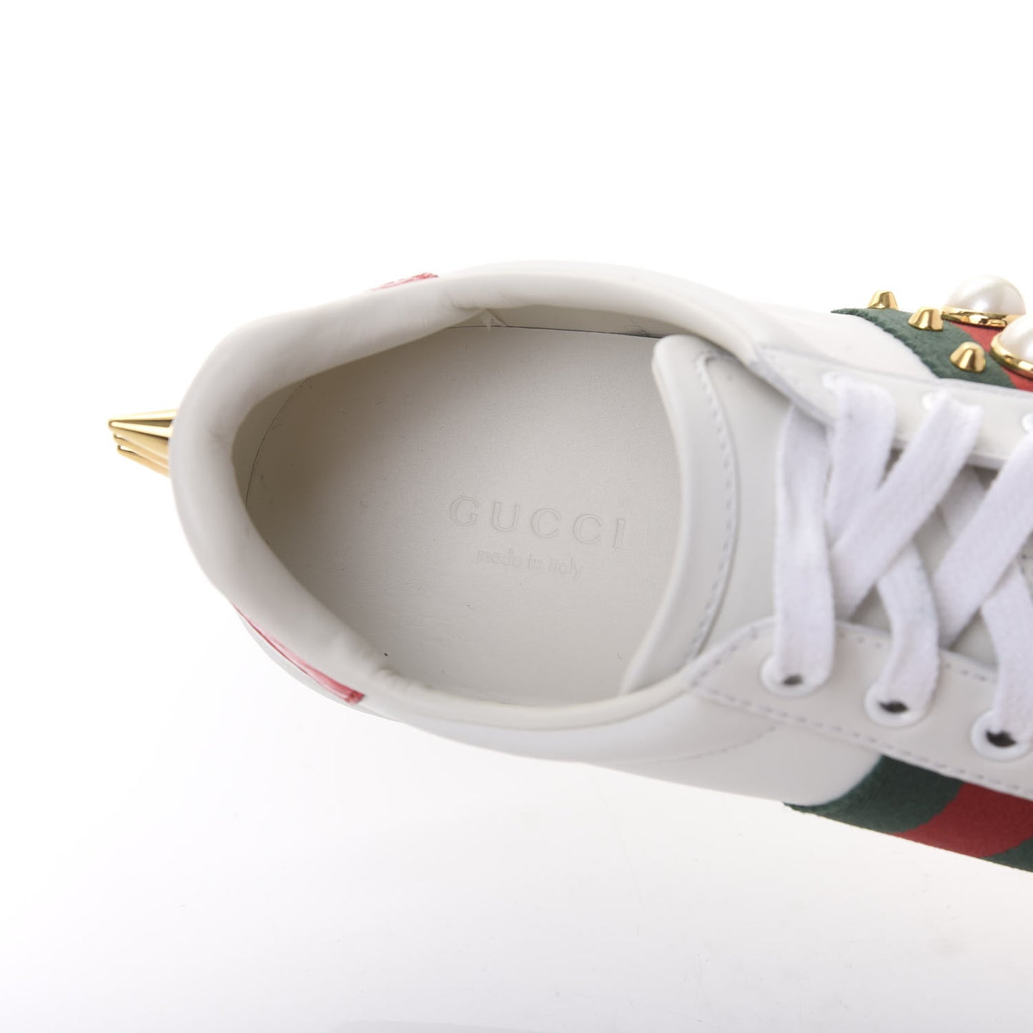 Calfskin Web Pearl Studded Womens Ace Sneakers 36 White