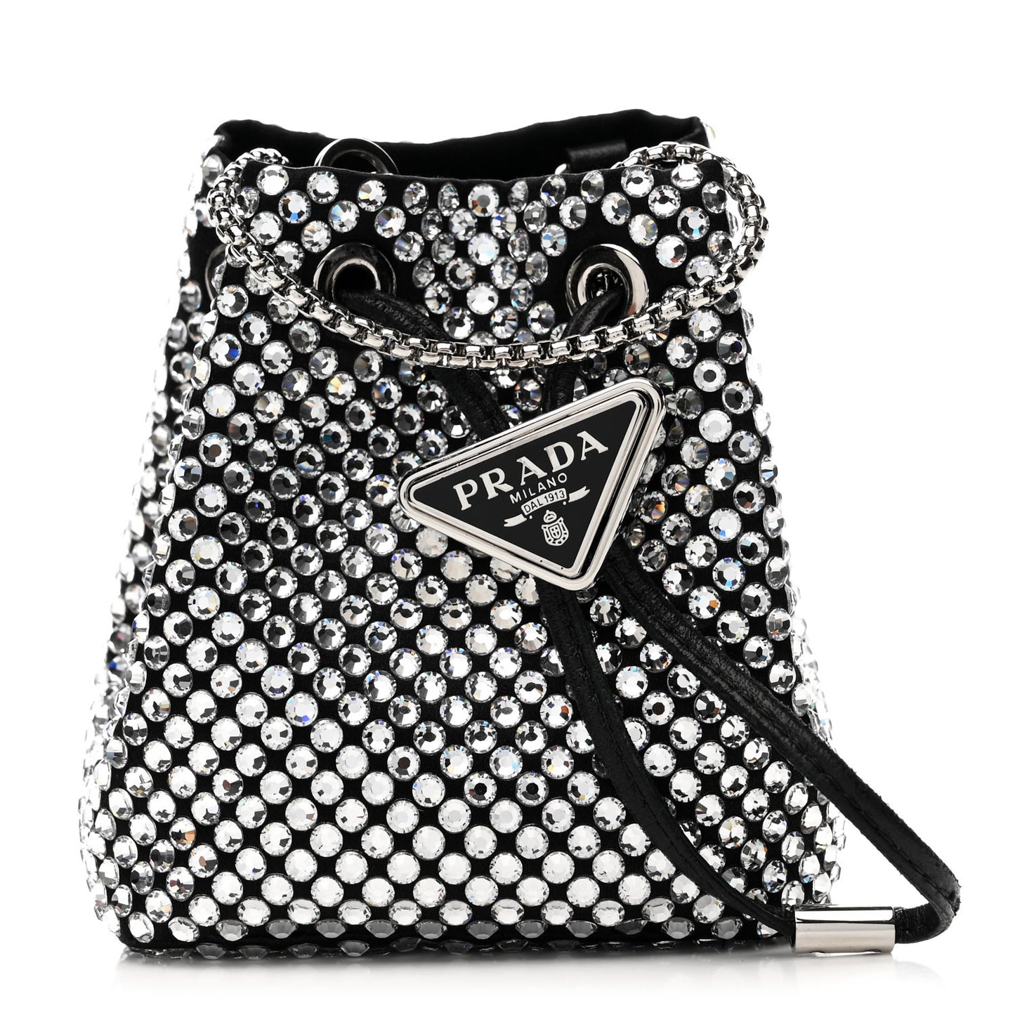 Satin Crystal Metal Triangle Logo Mini Drawcord Pouch Shoulder Bag Cristal