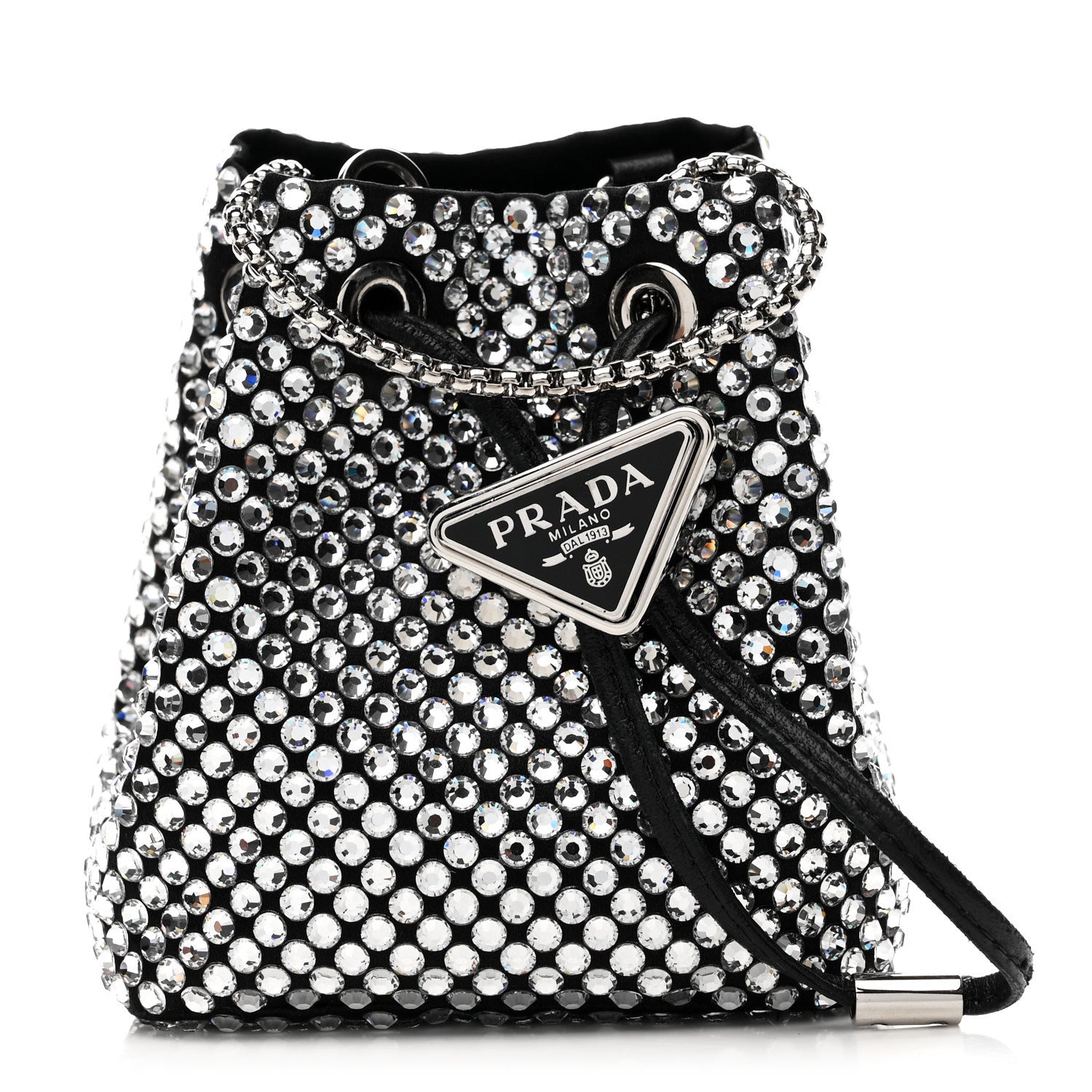 Prada Satin Crystal Metal Triangle Logo Mini Drawcord Pouch Shoulder Bag Cristal 1 of 8