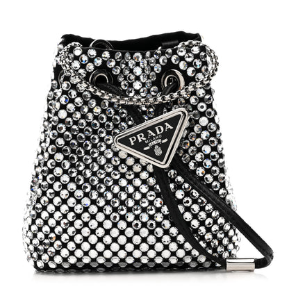 Prada Satin Crystal Metal Triangle Logo Mini Drawcord Pouch Shoulder Bag Cristal 1 of 8