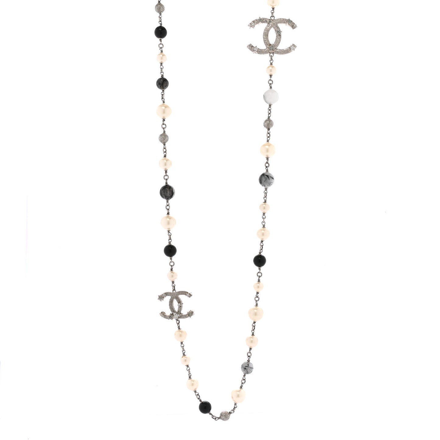Pearl Beaded Star CC Long Necklace Silver