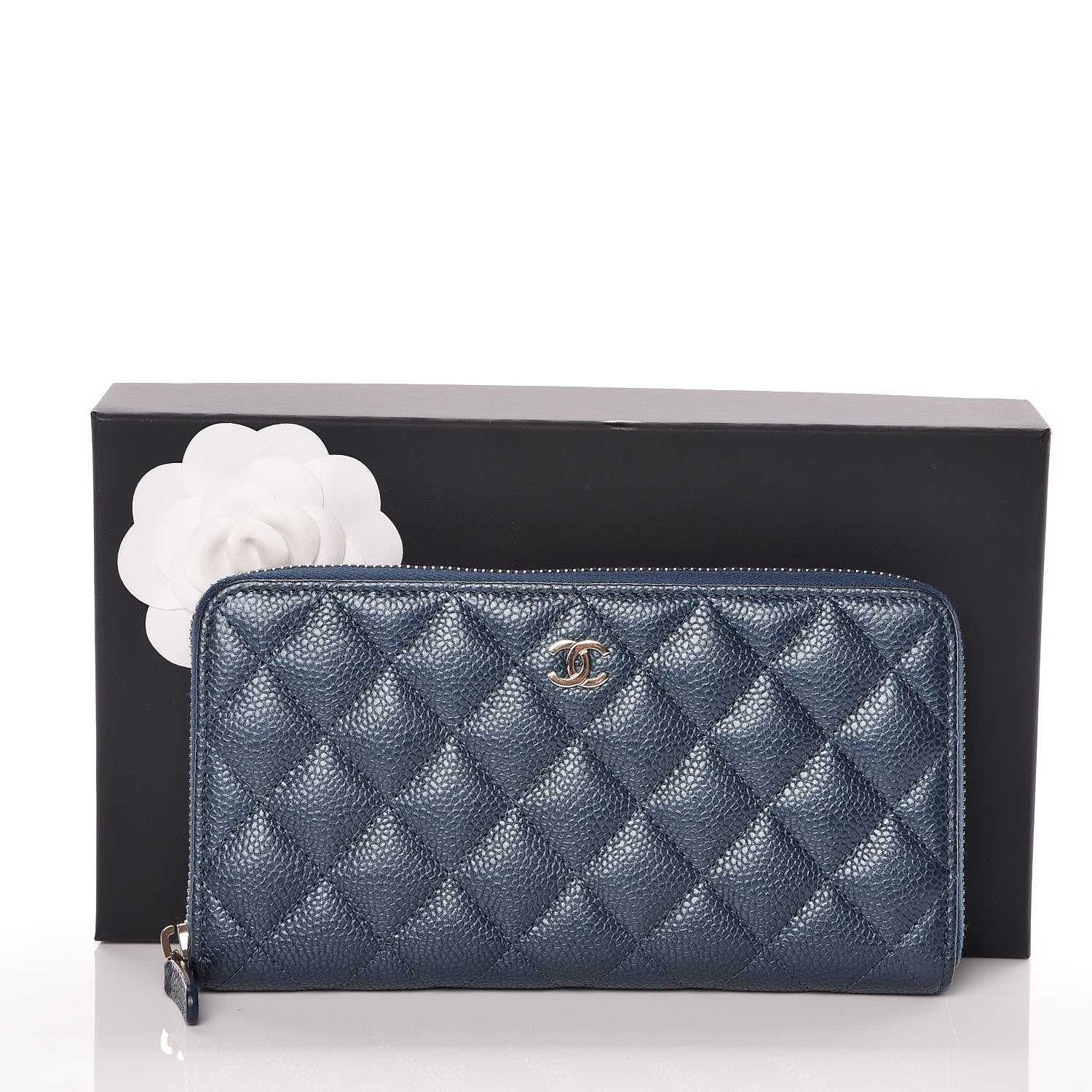 Chanel Metallic Caviar Quilted Large Gusset Zip Around Wallet Dark Blue 11 of 11