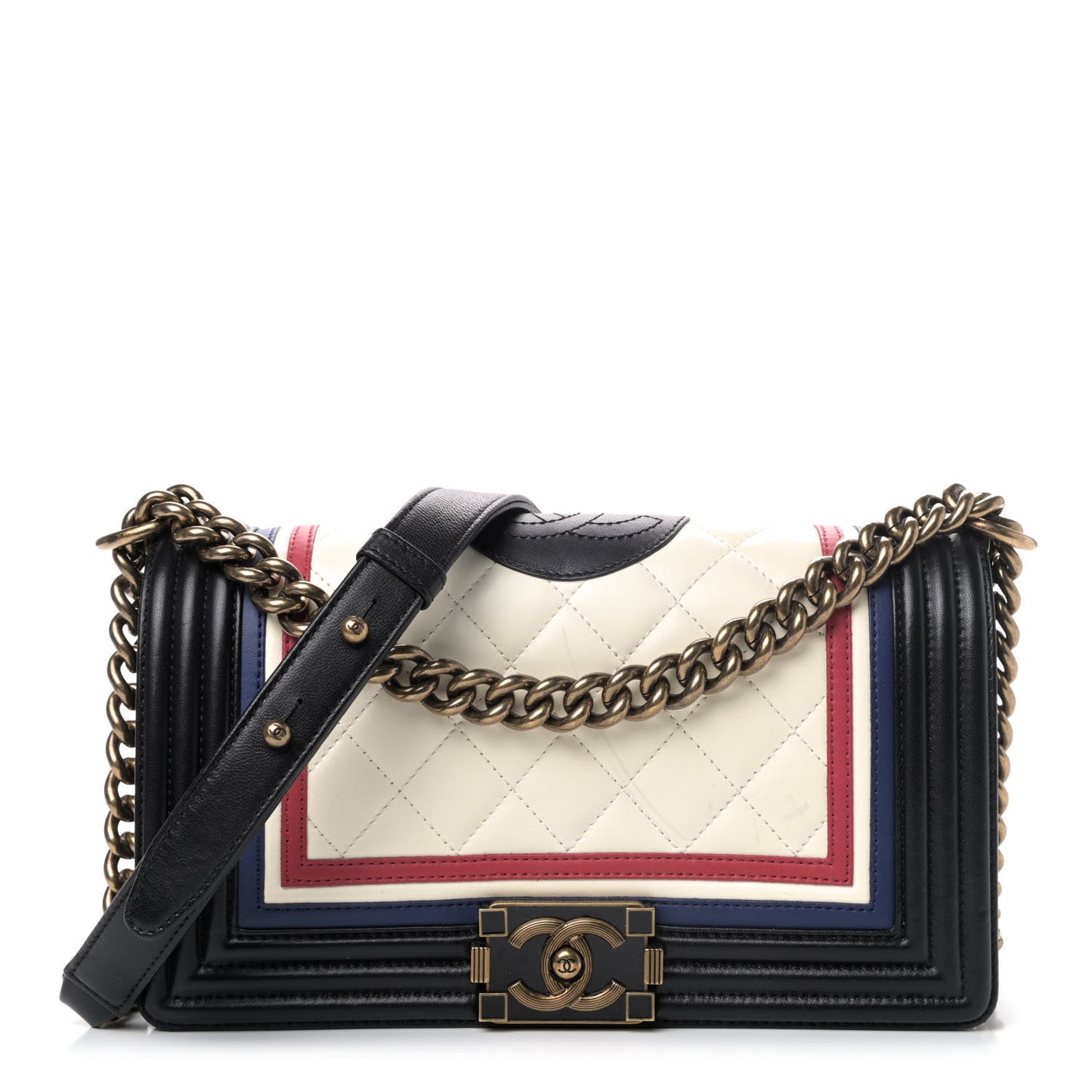 Lambskin Quilted Crest Embellished Medium Boy Flap Black White Blue