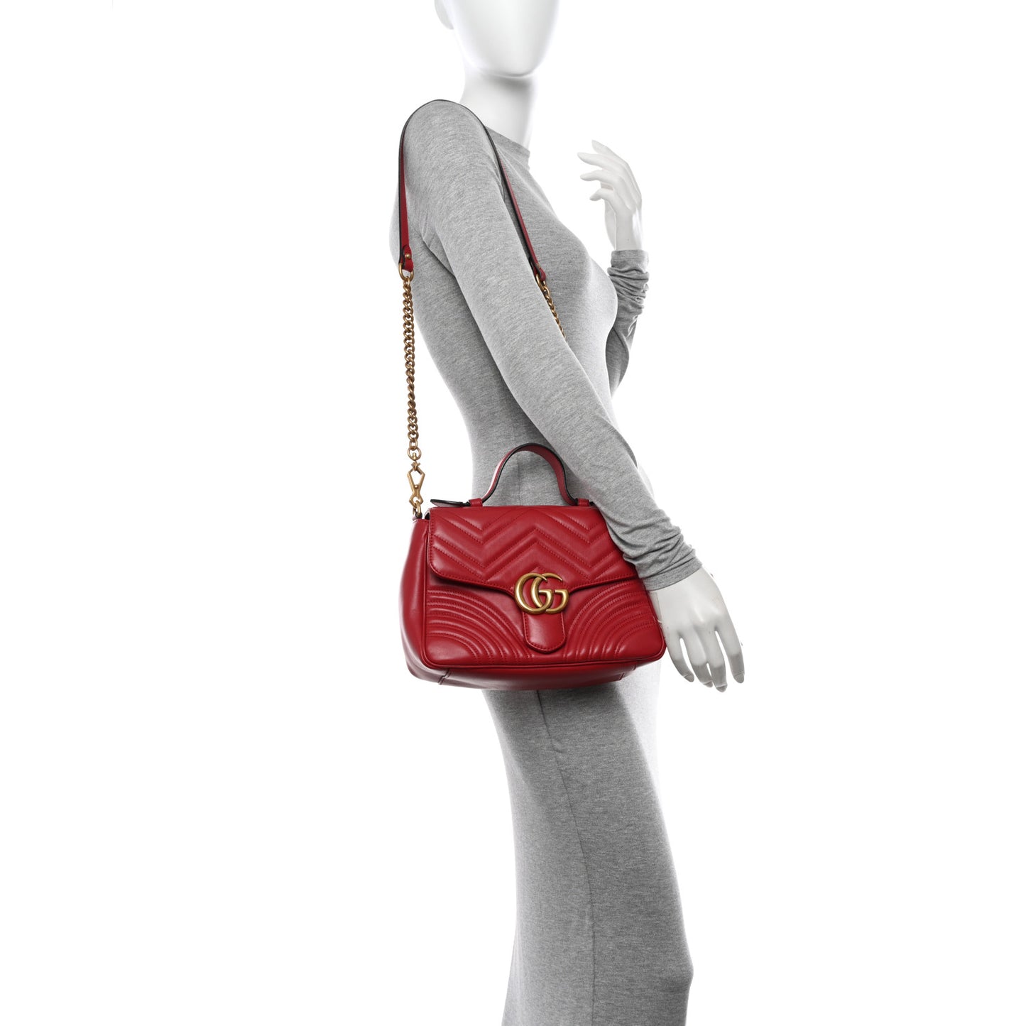 Calfskin Matelasse Small GG Marmont Top Handle Shoulder Bag Hibiscus Red