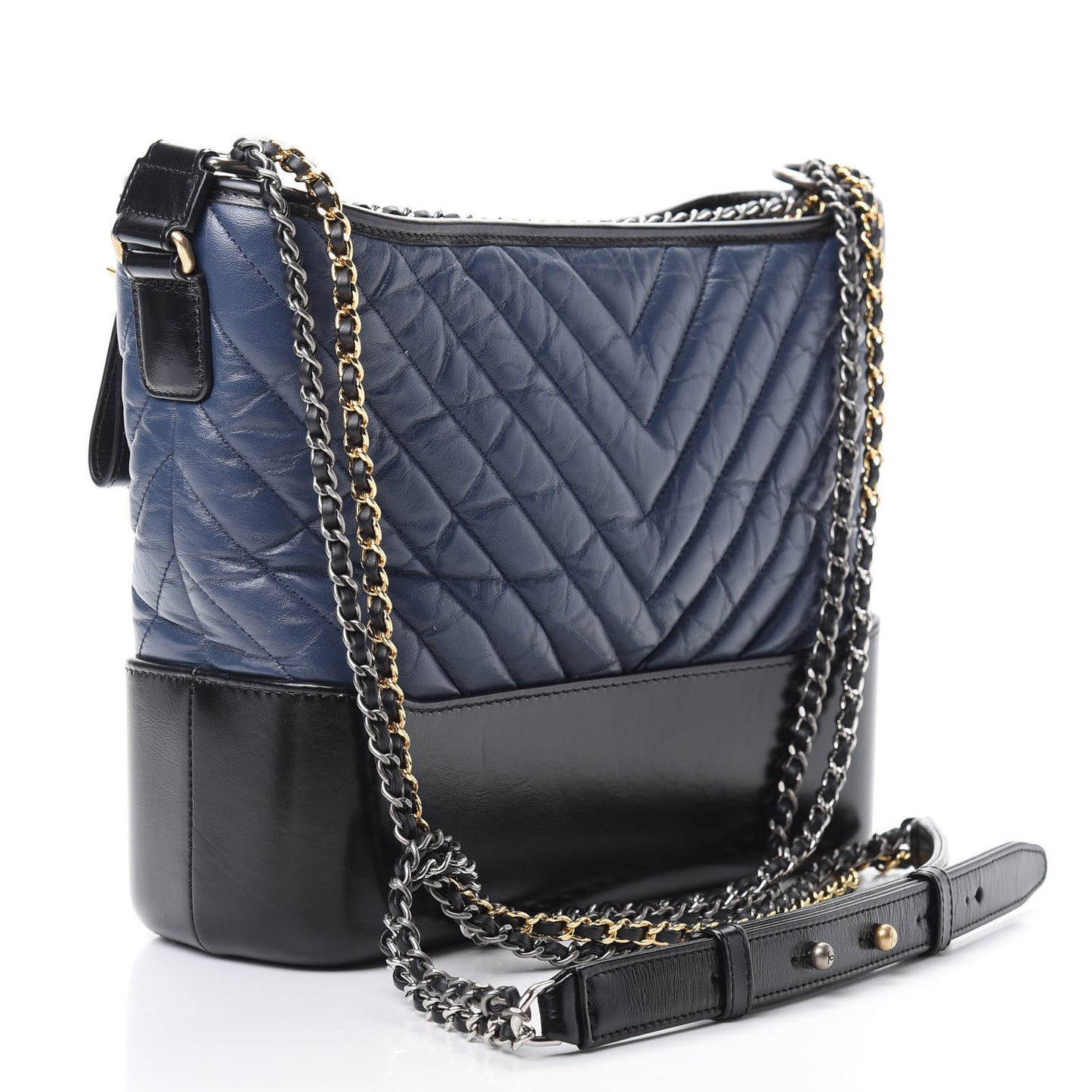 Aged Calfskin Chevron Quilted Medium Gabrielle Hobo Navy Black
