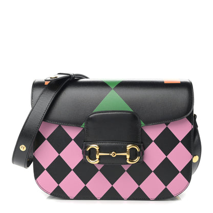 Gucci Textured Calfskin Geometric Print Horsebit 1955 Shoulder Bag Black Multicolor 1 of 16
