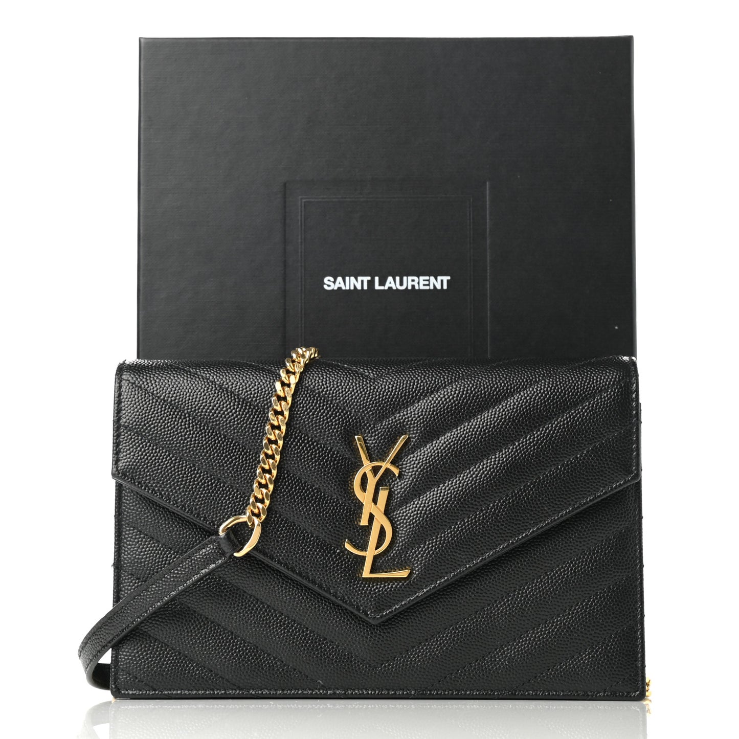 Grain De Poudre Matelasse Chevron Monogram Envelope Chain Wallet Black