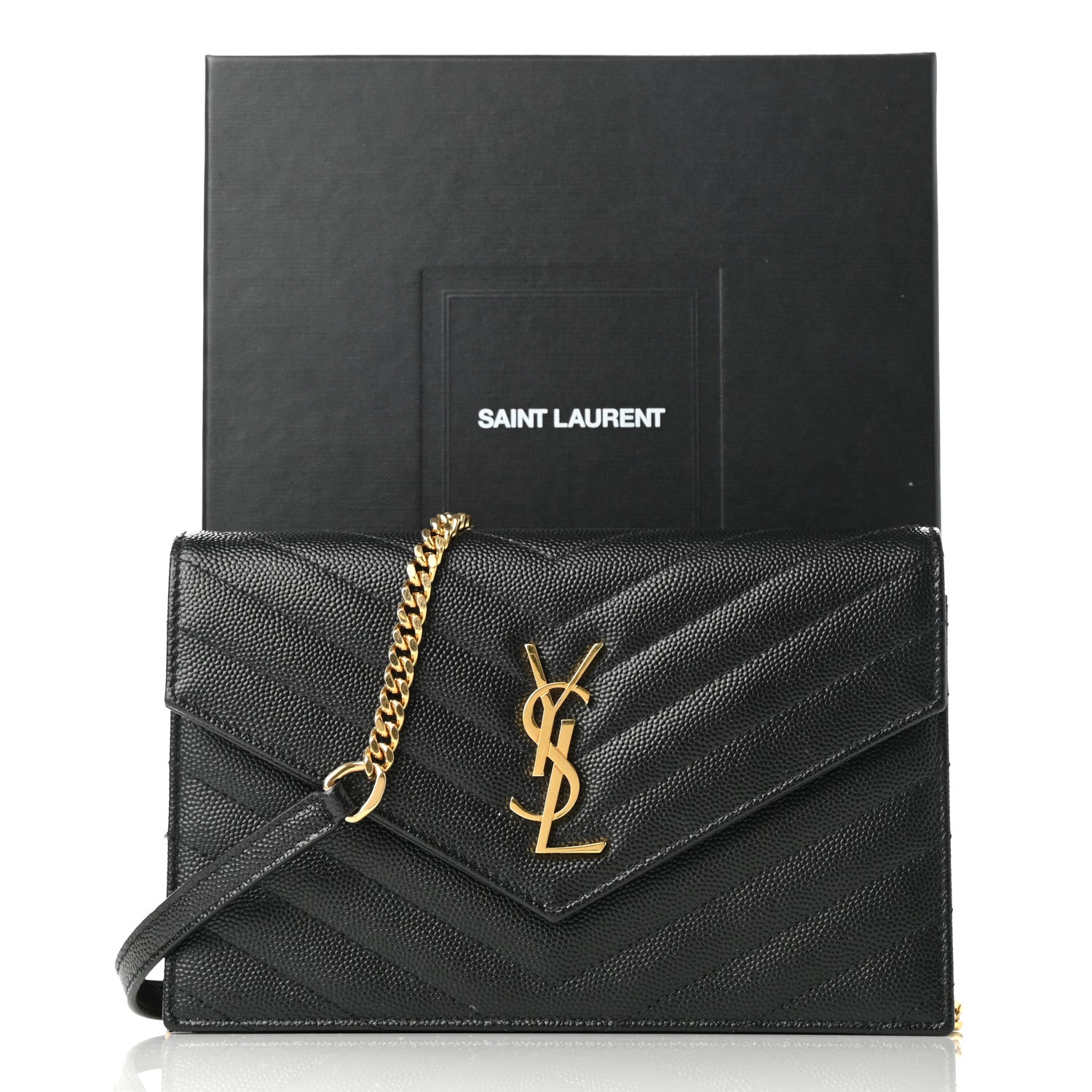 Saint Laurent Grain De Poudre Matelasse Chevron Monogram Envelope Chain Wallet Black 9 of 9