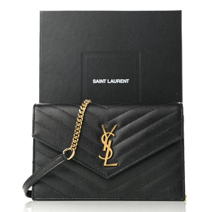 Saint Laurent Grain De Poudre Matelasse Chevron Monogram Envelope Chain Wallet Black 9 of 9