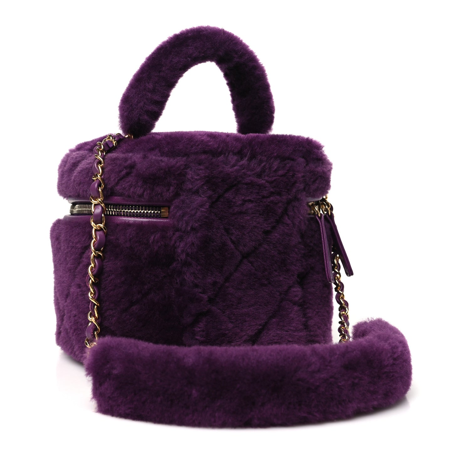 Shearling Lambskin Quilted Small Vanity Case Purple