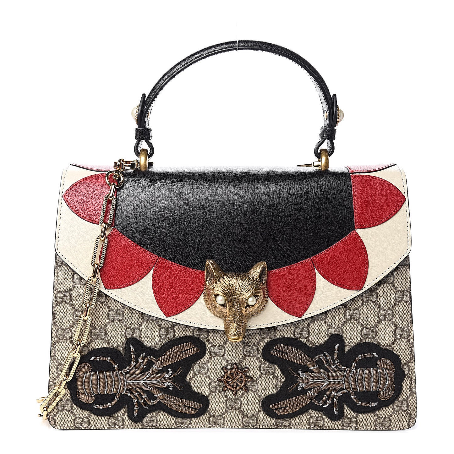 GG Supreme Monogram Goatskin Pearl Embroidered Medium Fox Broche Top Handle Bag Beige Ebony Black Hibiscus Red Mystic White