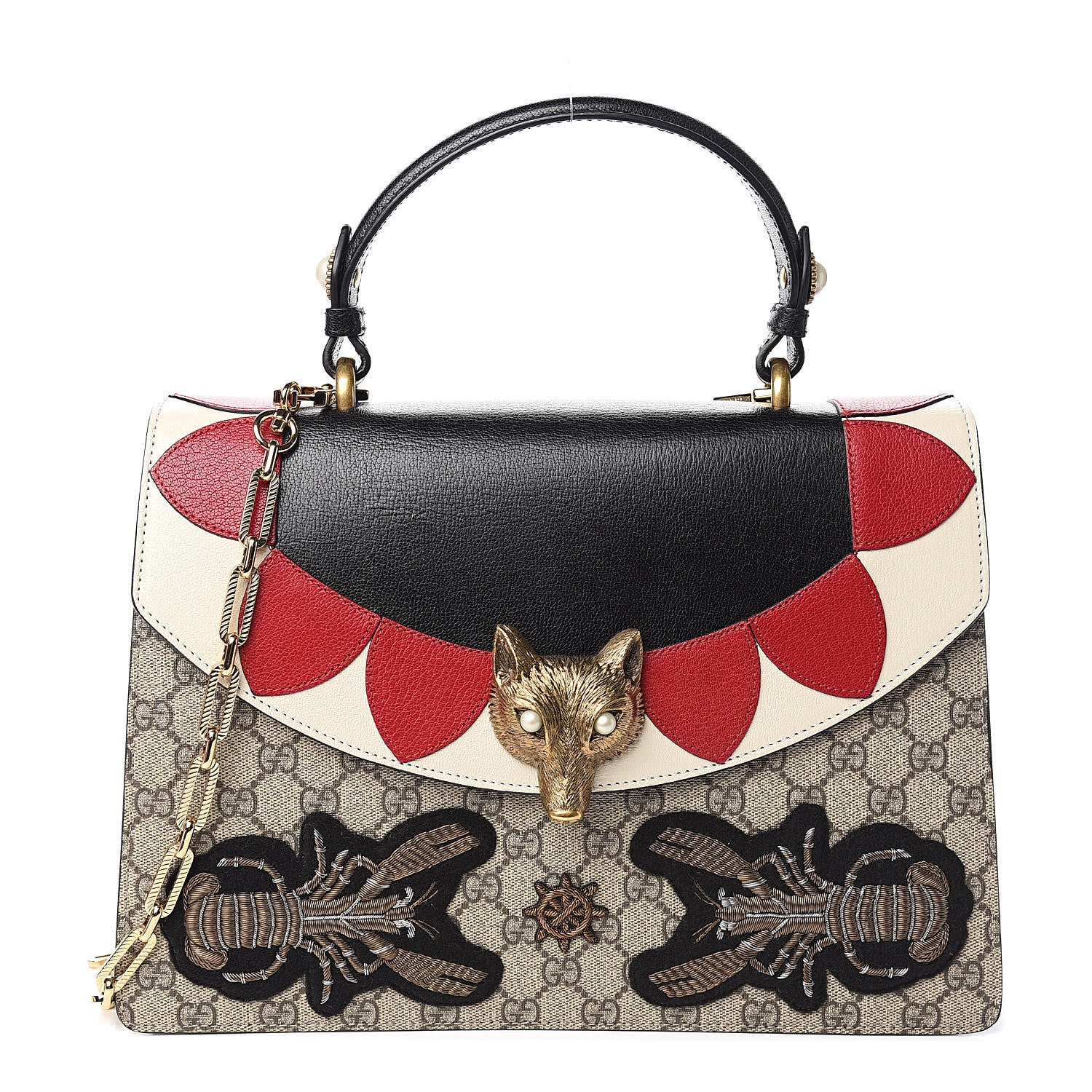 Gucci GG Supreme Monogram Goatskin Pearl Embroidered Medium Fox Broche Top Handle Bag Beige Ebony Black Hibiscus Red Mystic White 1 of 11