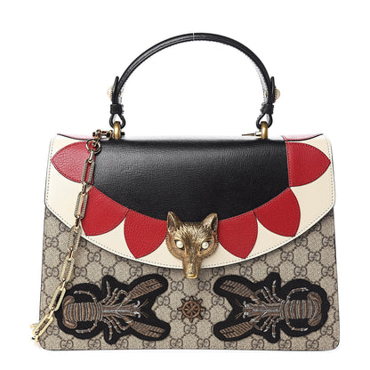 Gucci GG Supreme Monogram Goatskin Pearl Embroidered Medium Fox Broche Top Handle Bag Beige Ebony Black Hibiscus Red Mystic White 1 of 11