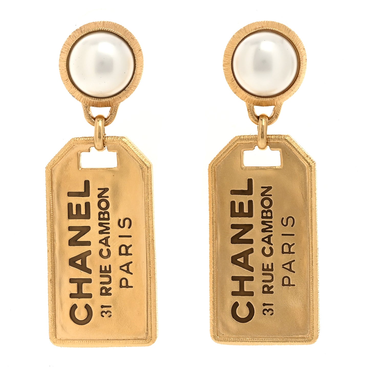 Pearl CC Tags Drop Earrings Gold
