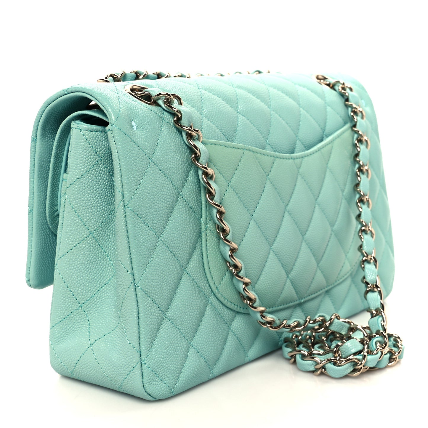 Caviar Quilted Medium Double Flap Light Blue