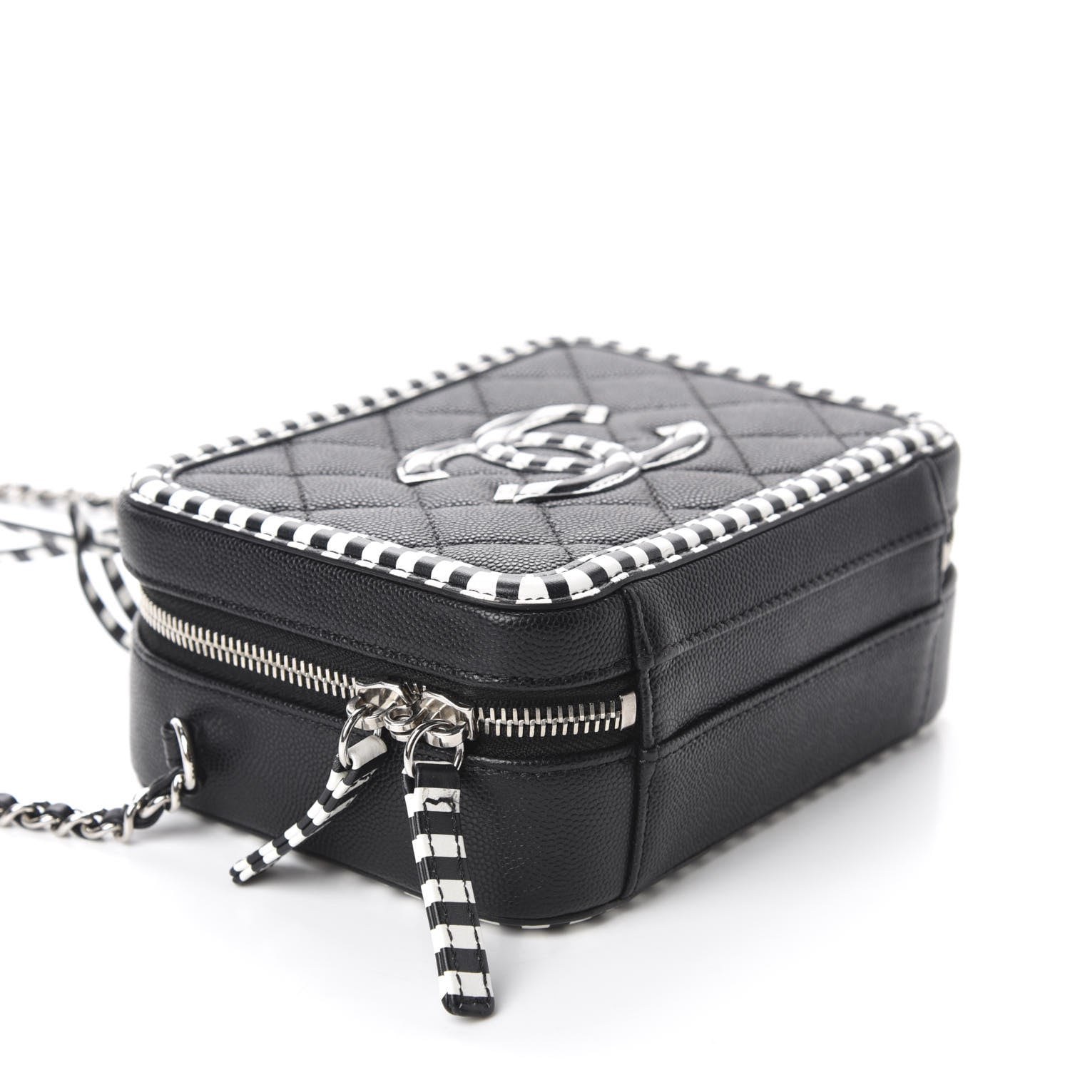 Chanel Caviar Quilted Striped Small CC Filigree Vanity Case Black White 4 of 10