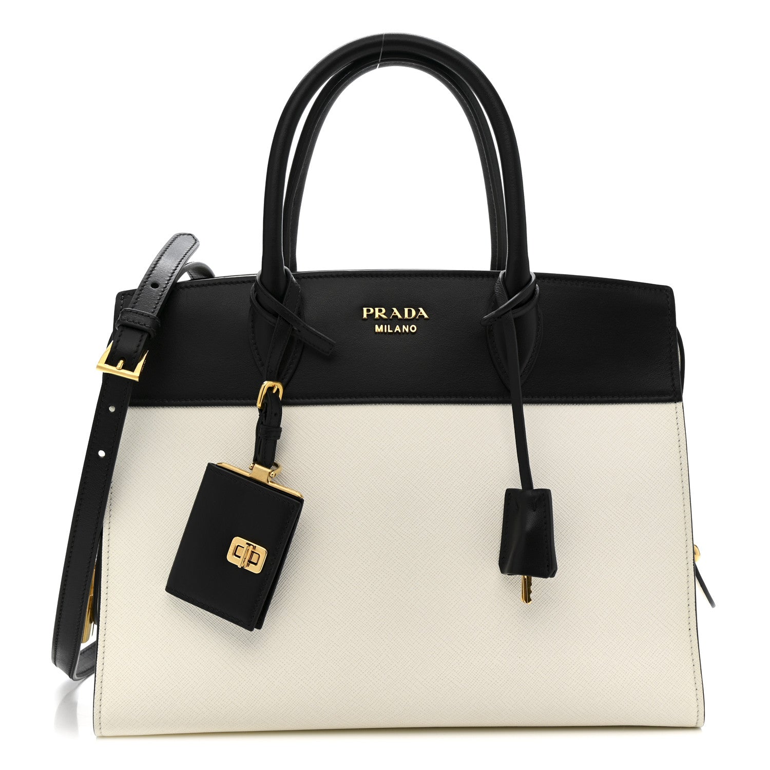 Prada Saffiano City Calfskin Medium Esplanade White Black 1 of 13