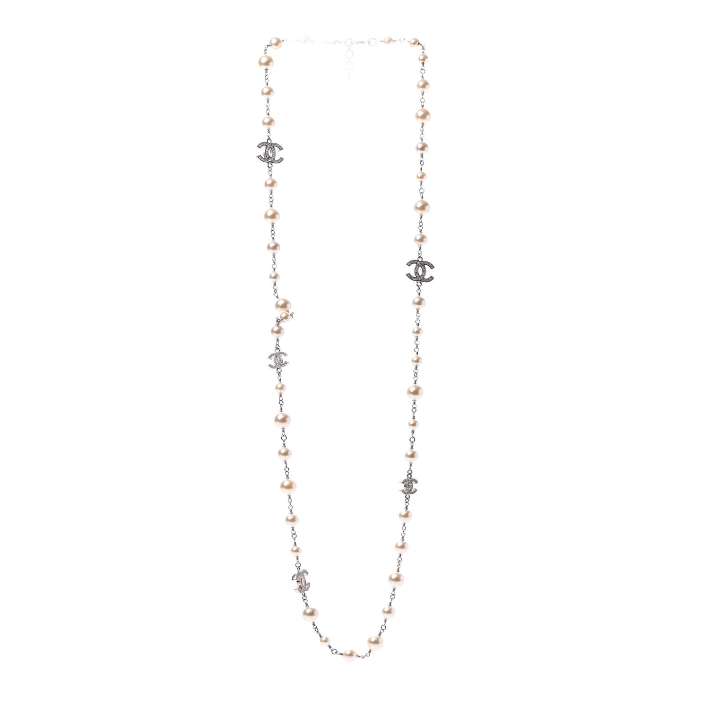 Crystal Pearl CC Long Necklace Silver